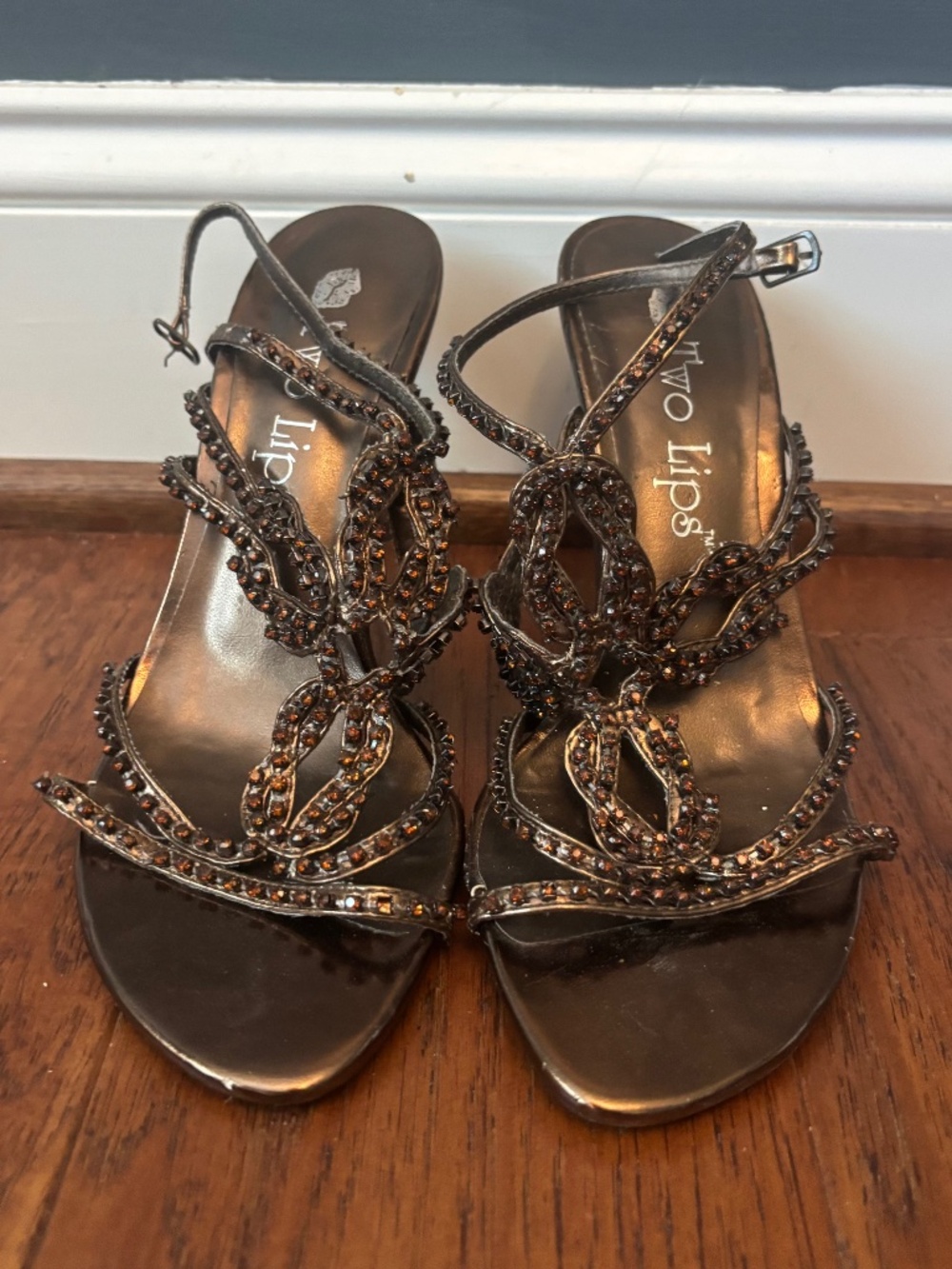 Bronze Two Lips Sandals with Rhinestone Embellishment